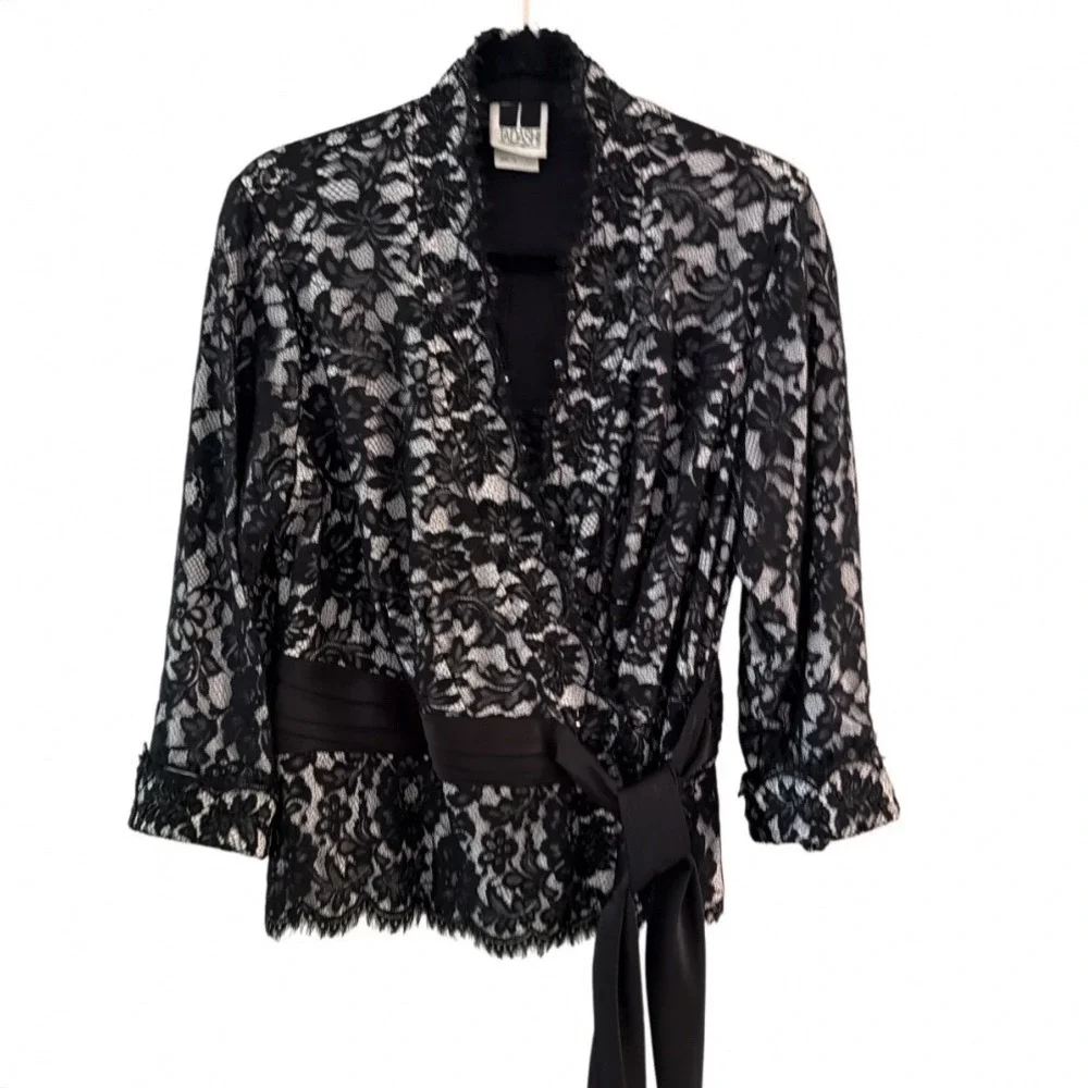 Tadashi Shoji Black Floral Lace Wrap Top V-Neck Sequin Bead Sash JRD9316 14